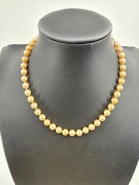 Vintage Champagne Peach Faux Pearl Hand Knotted Strand Clasp Necklace Coquette